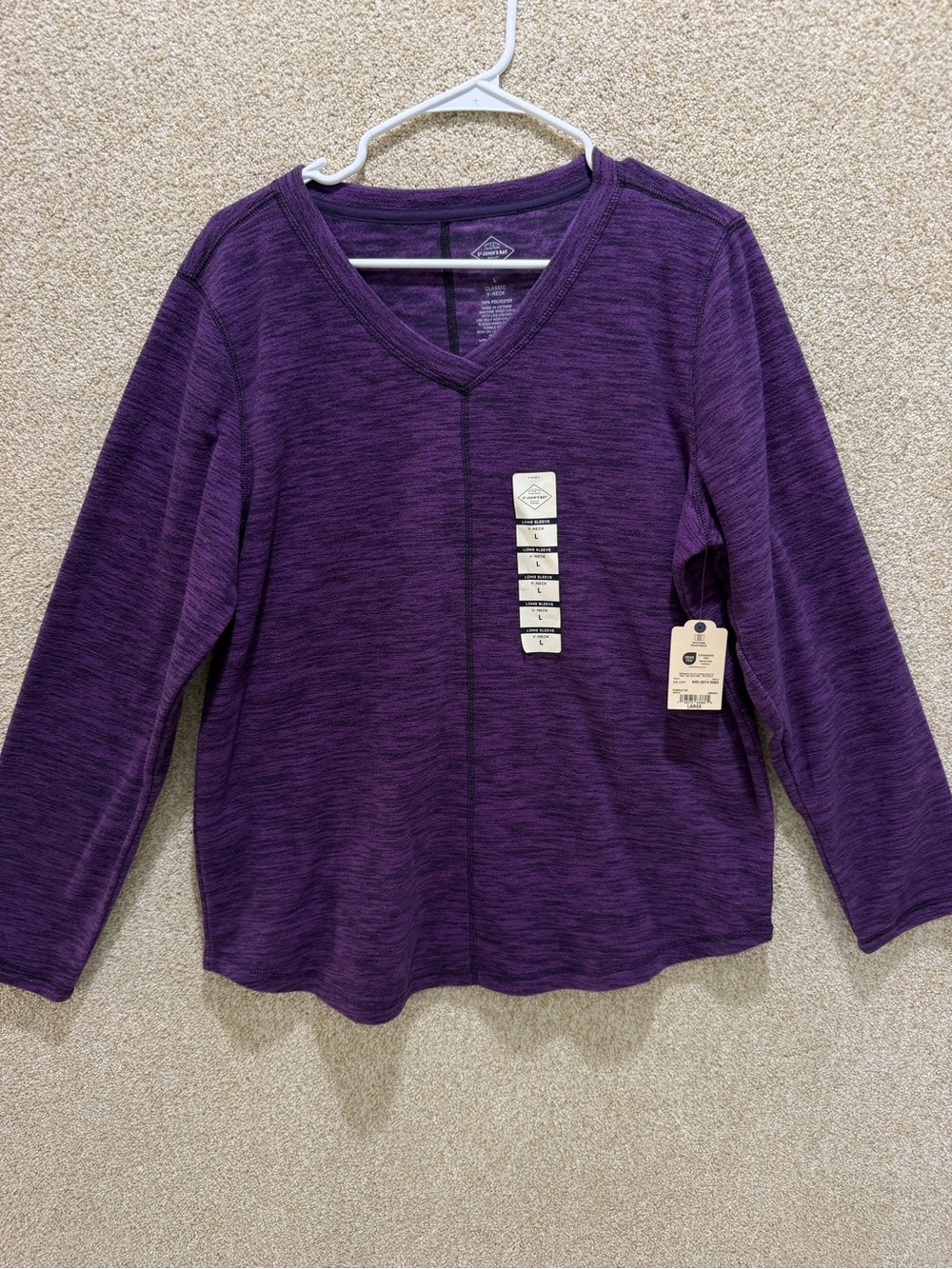NWT purple fleece top classic v neck long sleeved exposed seams marled fall L